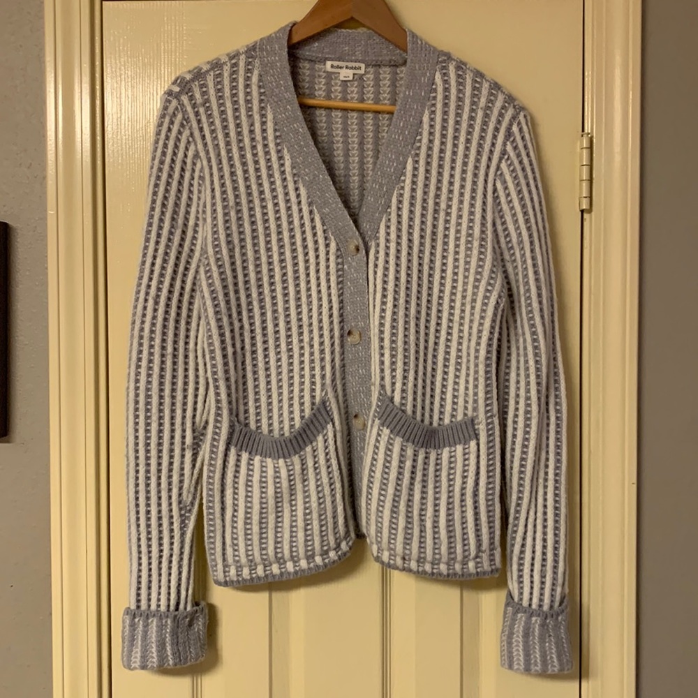 Roller Rabbit Gray & White Acrylic/Alpaca/Wool Knit Cardigan Size XS/S